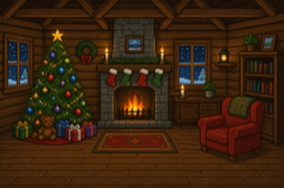 Winter Cabin, a log room with a decorated tree and a lit fire