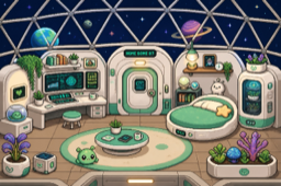 Space Dome, a white habitat pod with planets through the glass
