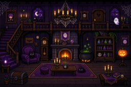 Haunted Manor, a candlelit purple room with a fireplace and a cauldron